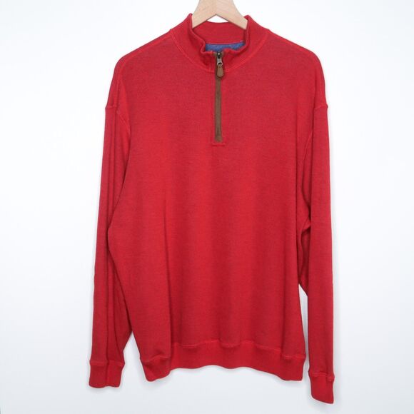 Cremieux Mens Pullover Sweater Size Medium‎ Red Quarter Zip Casual Elbow Patches - Picture 1 of 10